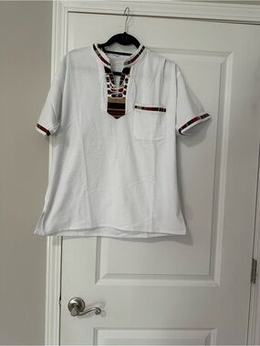 Men’s White Short-Sleeve tunic with Striped Trim